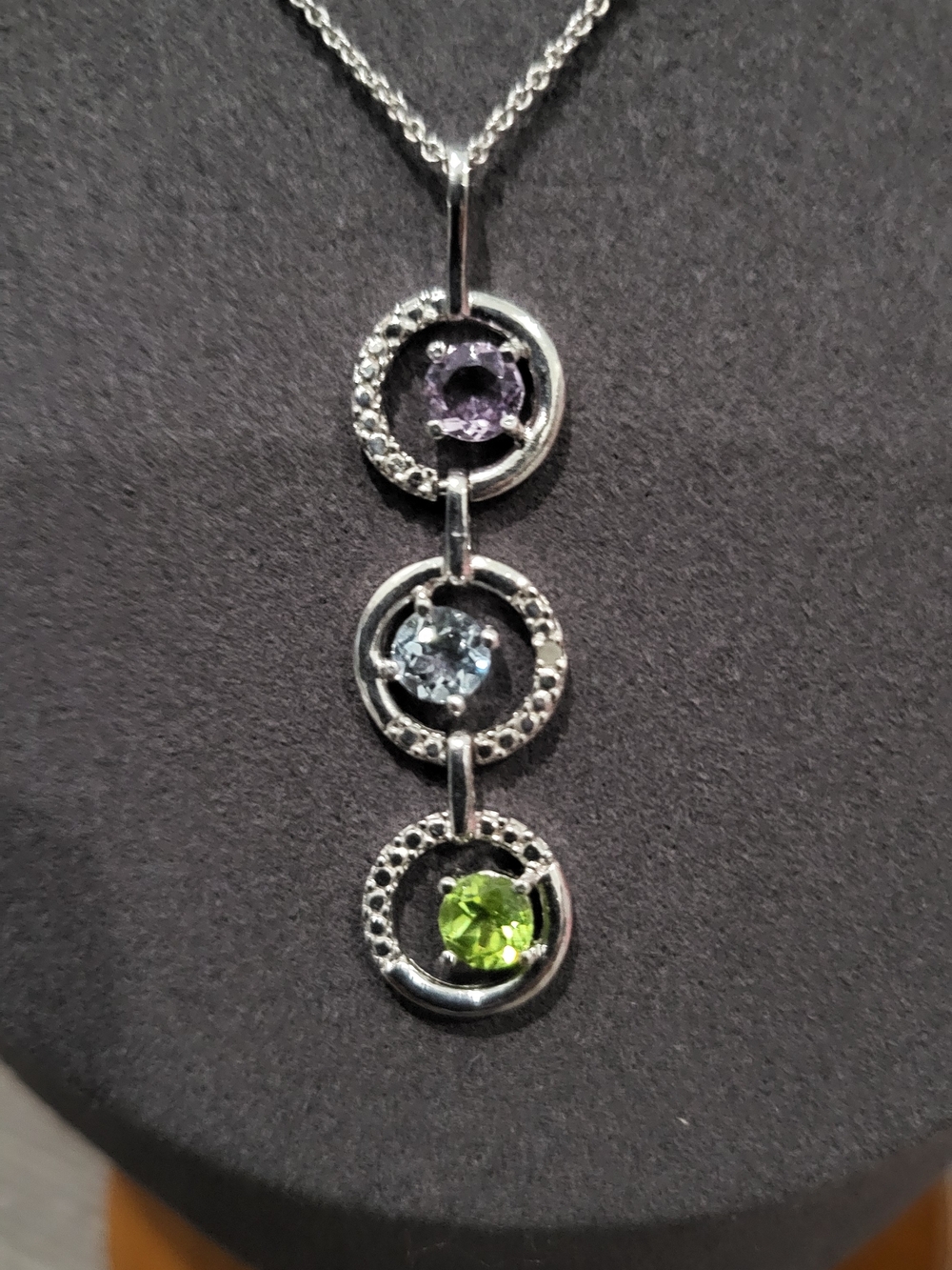 Sterling Silver Triple Gem Circle Pendant 18 Necklace - Amethyst, Topaz, Peridot